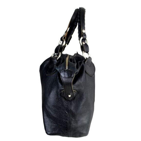 Pauric Sweeney ITALY PERFORATED BLACK GENUINE LEATHER SATCHEL HANDBAG TOTE PURSE - Picture 4 of 16